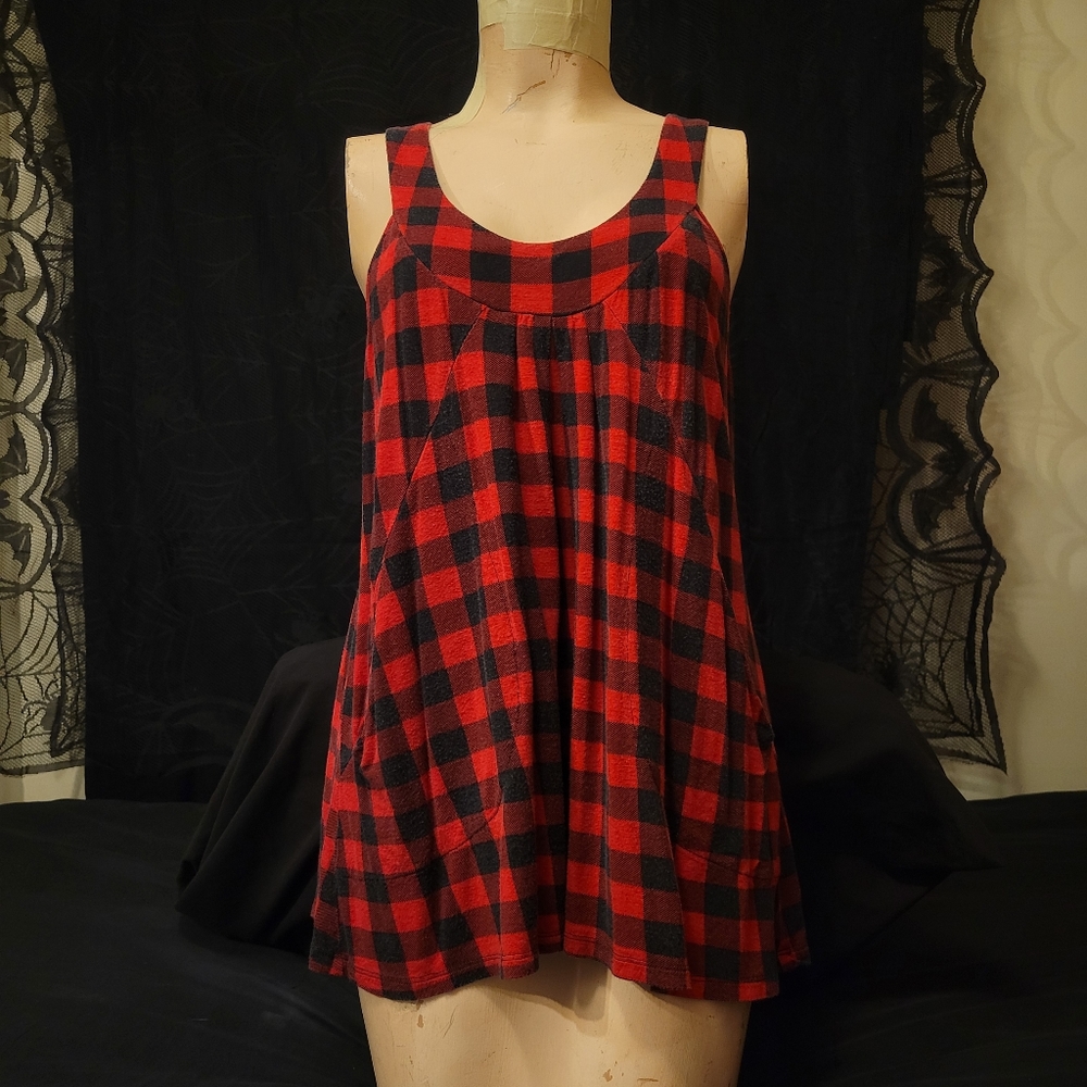 Y2K So Sik red blk Buffalo plaid crochet flowy racer back tank top w pockets XL - Picture 10 of 17